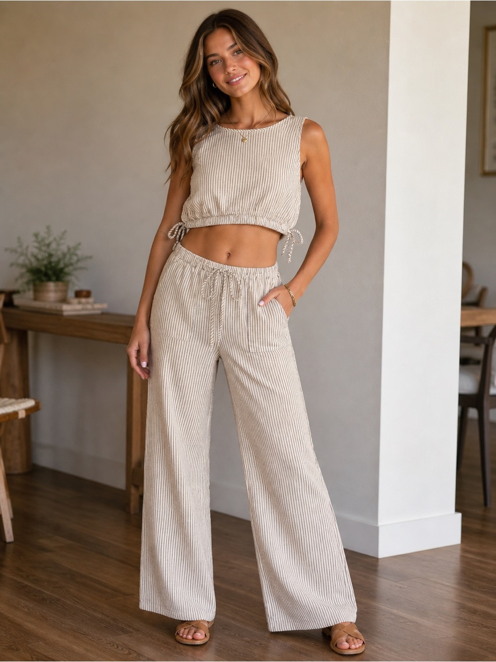 Neutral Beige with black pinstripes Wide-Leg Drawstring Pants & cropped top.